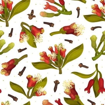 Clove Flower Seamless Pattern Design with Blooming Plant Vector Template Illustrazione stock