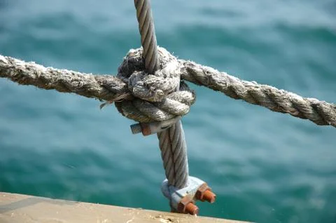 Clove hitch and shroud connection on old sailing vessel close up Stock Photos