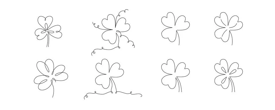 Clover flowers set for Saint Patrick day - good lucky symbol, single line Stock Illustration