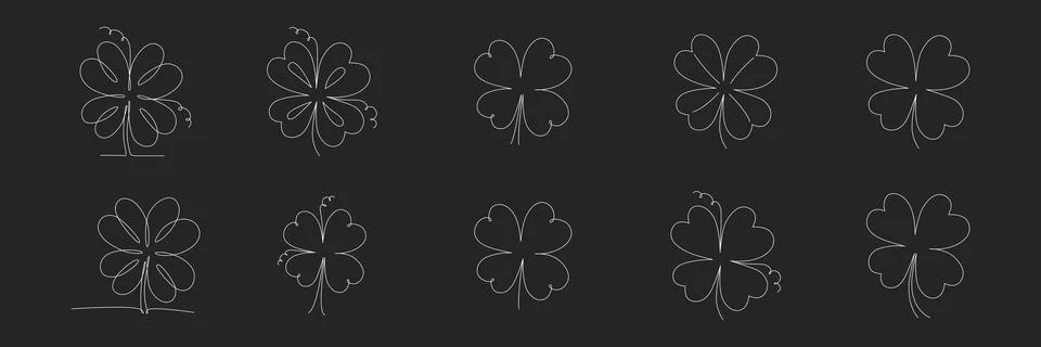 Clover flowers set for Saint Patrick day - good lucky symbol, single line Stock Illustration