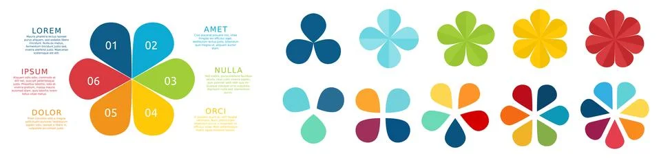 Clover like infographic elements, colour version with three to seven petals Stockillustratie