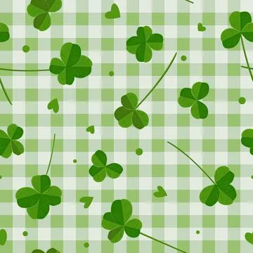 Clover leaves on green checkered background seamless pattern. Lucky shamroc.. Illustrazione stock