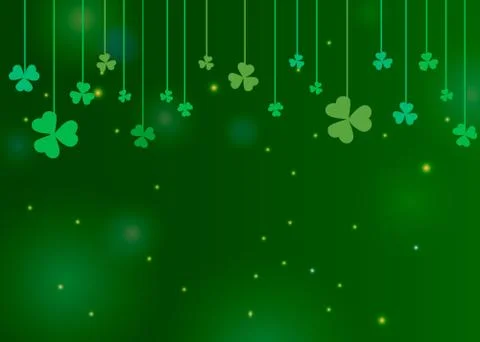 Clover shamrock leaves hung on strings on dark green background. Abstract St. Stock Illustration