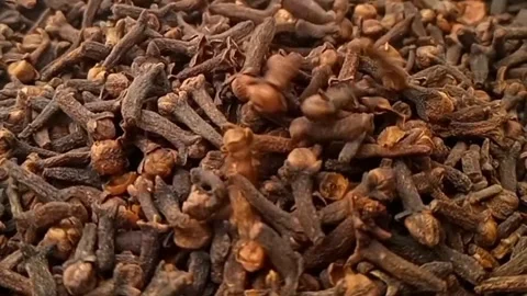 Cloves fall on rotating full frame background, micro shot, spinning Stock Footage 312253363