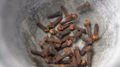 Cloves Falling into Kitchen Mortar Slow Motion Stock Footage 146806253
