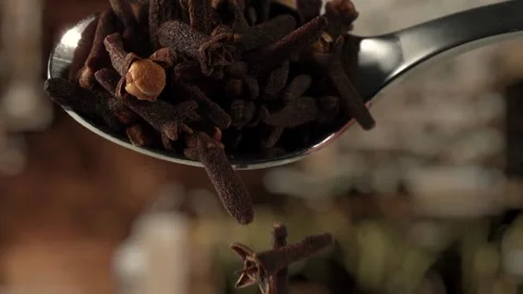 Cloves falling from a silver spoon in slow motion Stock-Footage 335038711