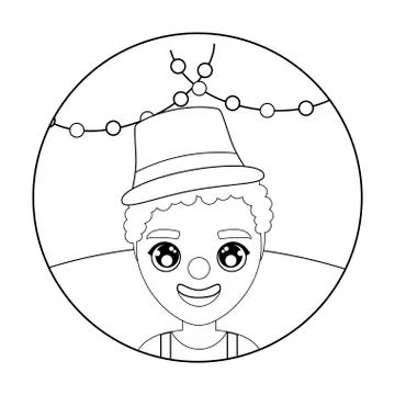 Clown of circus with garlands hanging in frame circular Stock Illustration