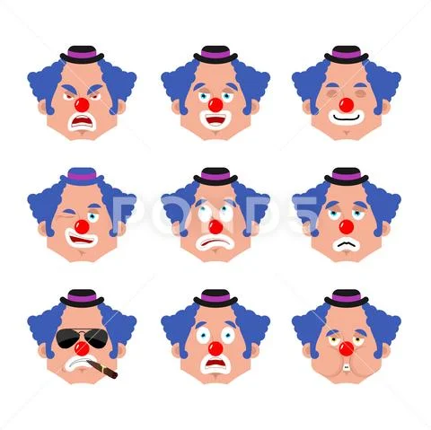 Clown face set. sleeping and evil emotion avatar. bewildered and sad funnyman Stock Illustration
