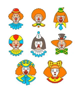 Clown faces different thin line colorful avatars Illustrazione stock
