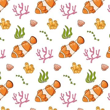 Clown fish seamless pattern in cartoon style. Undersea life background with Stock Illustration