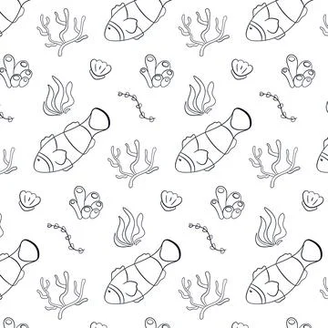 Clown fish seamless pattern in line art style. Undersea life design with coral Stock Illustration