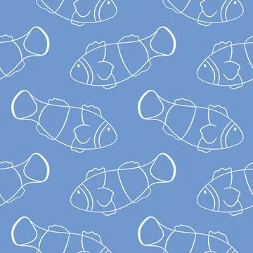 Clown fish seamless pattern in line art style on blue background. Undersea fish Illustrazione stock