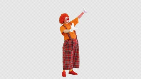 Clown manipulating virtual objects in a funny way, Alpha Channel Stock Footage 150780694