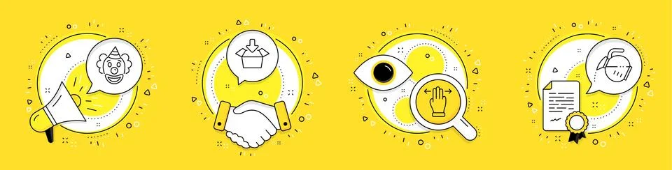 Clown, Multitasking gesture and Get box icons set. Coffee pot sign. Funny Stock Illustration