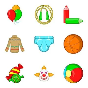 Clown performance icons set, cartoon style Ilustración de archivo