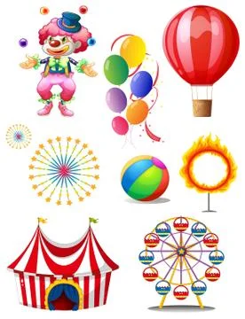 A clown playing balls with different circus stuffs Stock Illustration