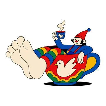 Clown Relaxing in a Coffee Cup Stock Illustration