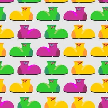 Clown shoes funny seamless pattern. Multicolored shoes background. Retro fabr Stock Illustration