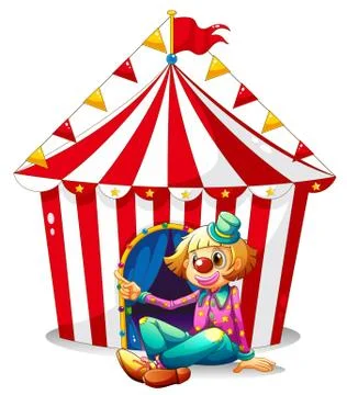 A clown sitting in front of a red circus tent Stock Illustration