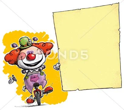 Clown on unicycle holding invitation-announcement Stock Illustration