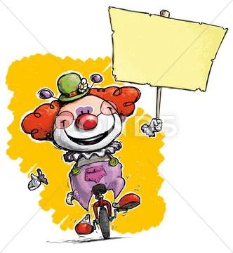 Clown on unicycle holding placard Stock Illustration