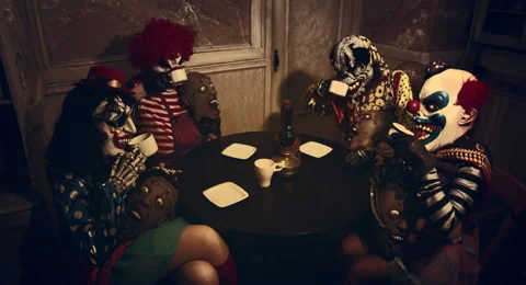 Clowns drinking tea. Horror Halloween. Stock Footage 67897351