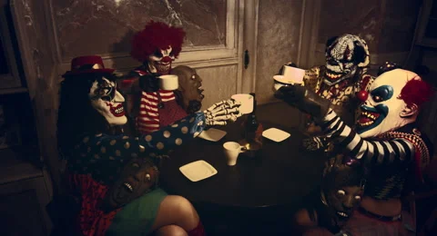 Clowns drinking tea. Horror Halloween. Video stock 67897890