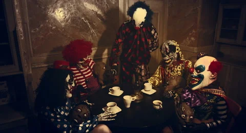 Clowns drinking tea. Horror Halloween. 库存影片 67898443
