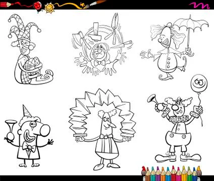 Clowns set coloring book Stock Illustration
