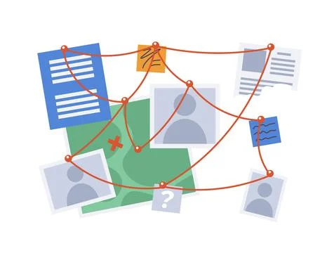 Clues investigation wall with red threads 2D cartoon object Stock Illustration