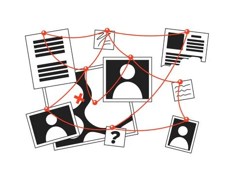 Clues investigation wall with red threads black and white 2D cartoon object Stock Illustration