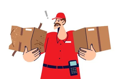 Clumsy courier damaged and dented one of boxes while delivering or moving parcel 스톡 일러스트