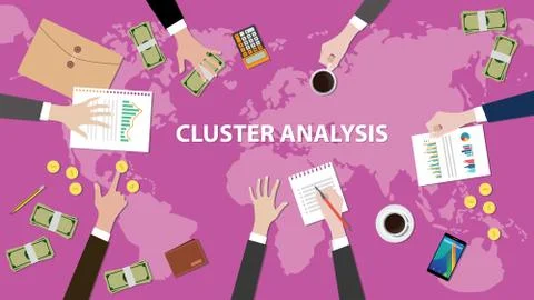 Cluster analysis concept discussion illustration with paperworks, money Stock Illustration
