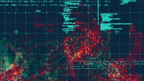 Cluster appearing starting red green cloud swirling ribbon, code sliding across Stock Footage 310780560