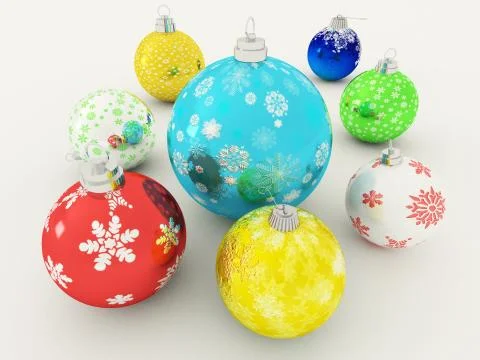 Cluster of beautiful multi colour holiday decoration baubles on white background Illustrazione stock