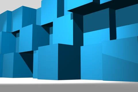 Cluster of blue blocks is forming 3D geometric wall on white floor with grey Stockillustratie
