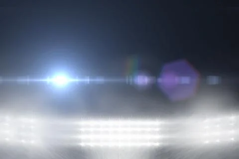 Cluster of bright floodlights is shining over misty reflective floor, in 3D Illustrazione stock