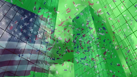 Cluster bursting into red white blue confetti swirling upward and outward to Stock Footage 314408984