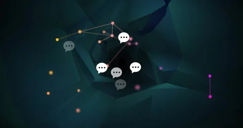 Cluster of chat bubble icons rotating inside teal vortex, glowing nodes 스톡 동영상 307857301
