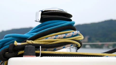 Cluster of coiled ropes of a sailboat Stock Footage 132443880