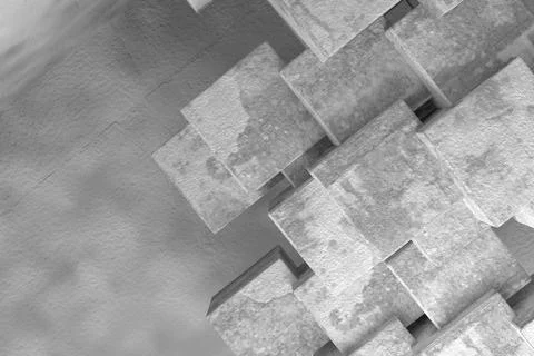 Cluster of concrete textured blocks is floating over flat design grey backdrop Stockillustratie
