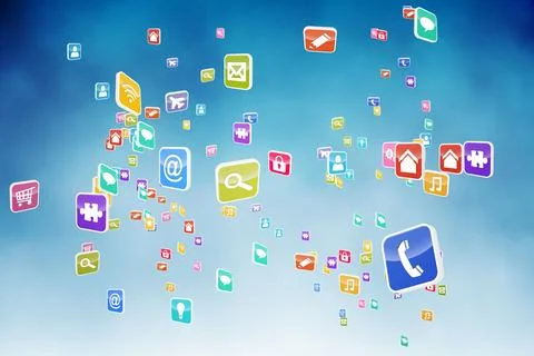 Cluster of floating 3D app icons are scattering over gradient blue backdrop, Fotos Stock