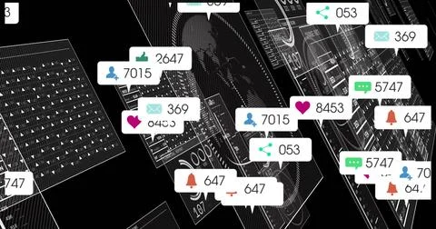 Cluster of floating notifications hovering in wireframe interface with avatar Stock Illustration