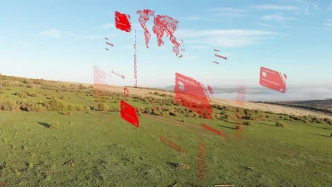 Cluster of floating red HUD elements drifting above hillside, camera moving Stock Footage 333936538