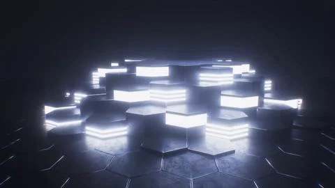 Cluster of glowing hexagon pillars on tiled floor, 4K illustration Stock Illustration