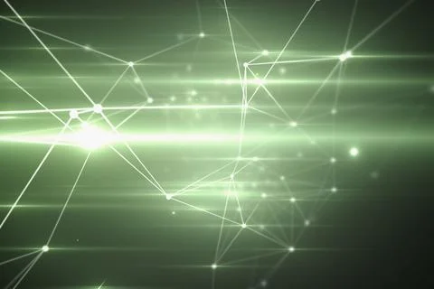 Cluster of glowing nodes and lines is floating in deep green digital grid, 库存插图