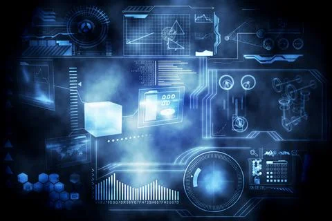 Cluster of holographic data panels is floating in dark void in 3D render, Stock Photos