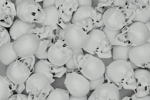 Cluster of human skulls background, 3d render Illustrazione stock