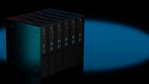 Cluster of ISP servers with blue reflection isolated on black 스톡 일러스트