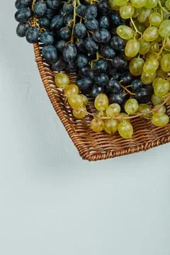 A cluster of mixed grapes in basket on grey background Stock Photos